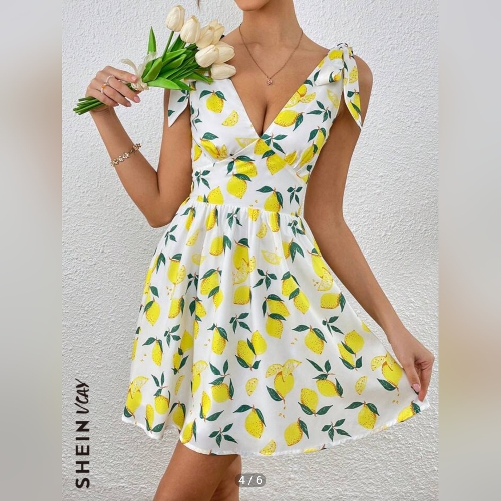 🍋Lemon Print SHEIN VCAY Tie Shoulder Dress - Picture 4 of 10